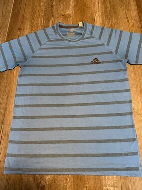 adidas Men’s Light Blue and Gray Striped Short Sleeve Tee